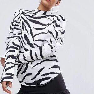 ASOS | Black & White Zebra Print Puff Sleeve Top Size 14